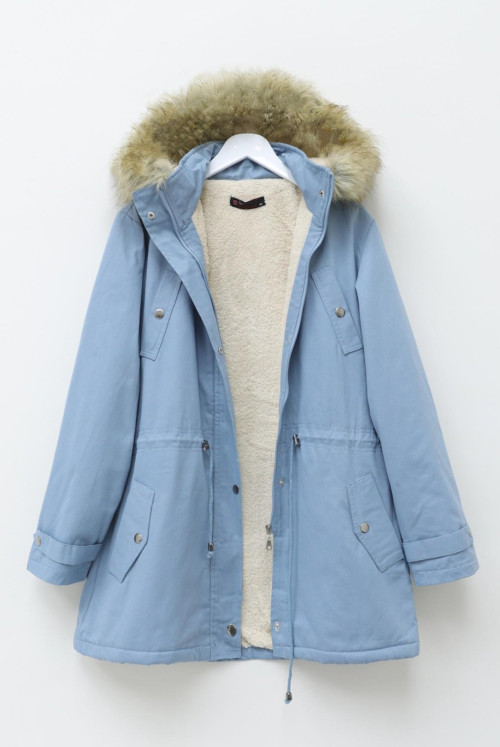 Hood Çıkma Furry Pockets Laced Coat -Bebe Blue