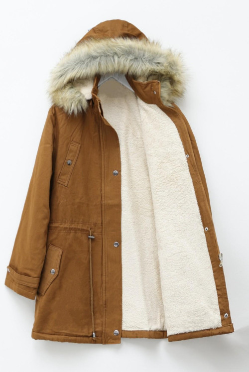 Hood Çıkma Furry Pockets Laced Coat  -Taba