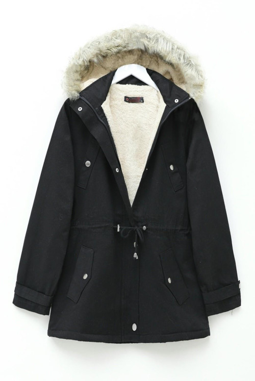 Hood Çıkma Furry Pockets Laced Coat  -Black