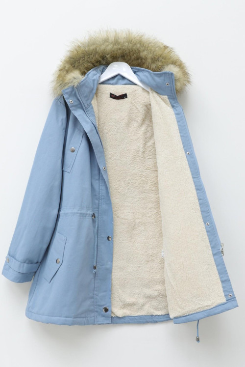 Hood Çıkma Furry Pockets Laced Coat -Bebe Blue