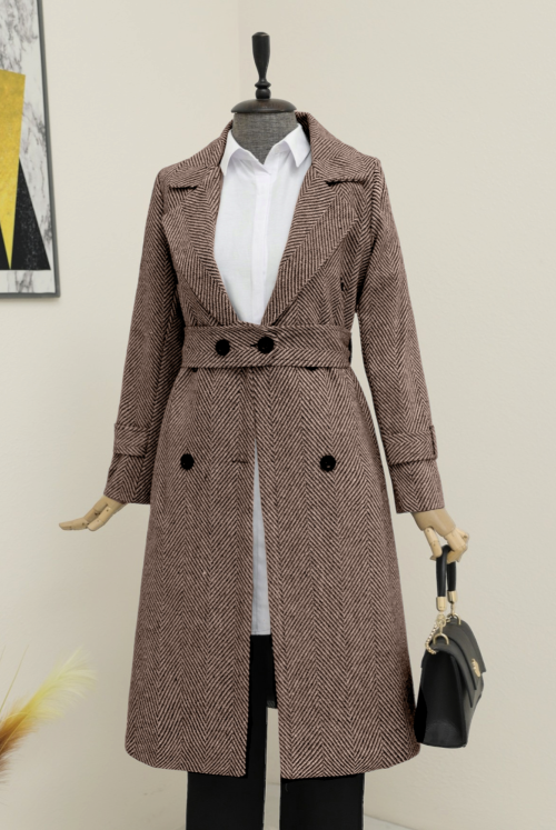 Arched Lined Bolero Detailed Coat  -Light Brown