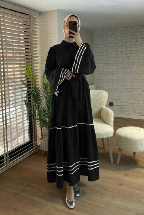 Arms and eteği süzene inlaid pieced Dress  -Black