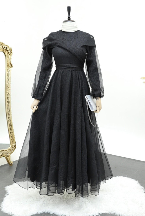 arm Laced Judge Collar Simli Tulle Evening Dress -Black