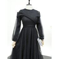 arm Laced Judge Collar Simli Tulle Evening Dress -Black