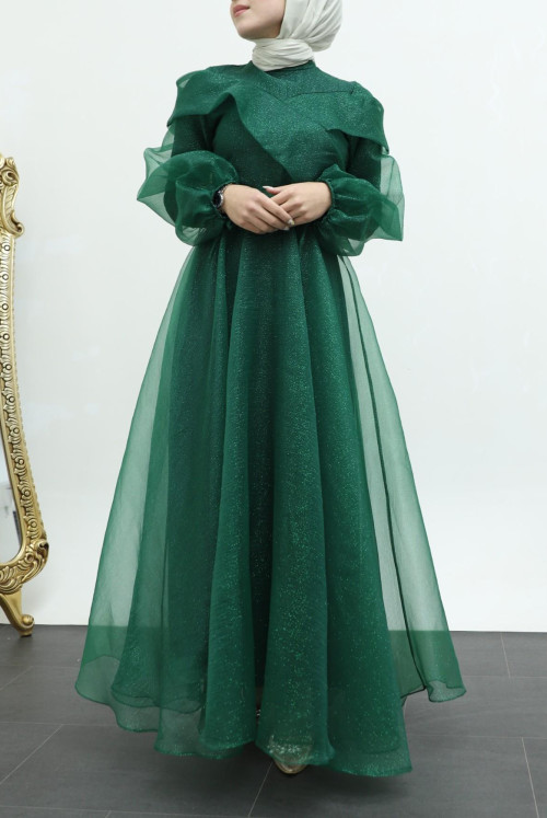 arm Laced Judge Collar Simli Tulle Evening Dress -Emerald