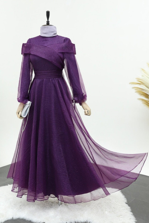 arm Laced Judge Collar Simli Tulle Evening Dress -Purple