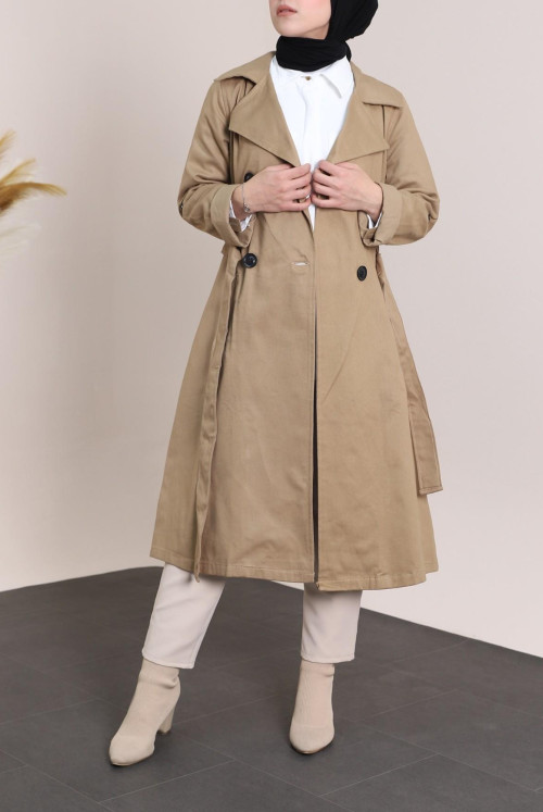 arm Katlamalı Button Arched Trench coat -Mink