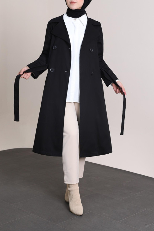 arm Katlamalı Button Arched Trench coat -Black