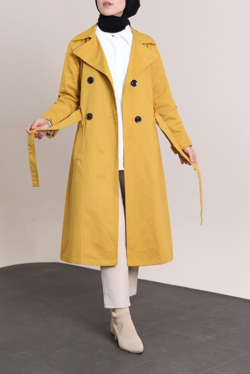 arm Katlamalı Button Arched Trench coat -Mustard