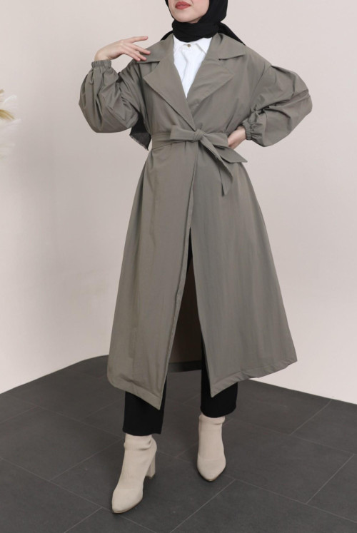 arm Elastic Arched Lined Trench coat -Khaki