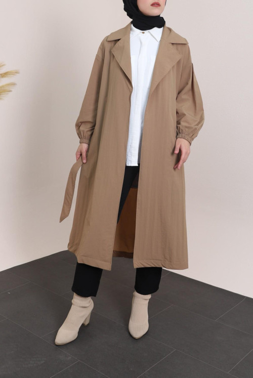 arm Elastic Arched Lined Trench coat -Taba