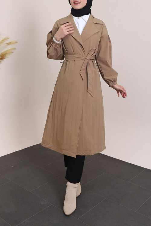 arm Elastic Arched Lined Trench coat -Taba