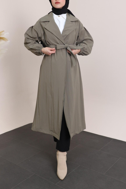 arm Elastic Arched Lined Trench coat -Khaki