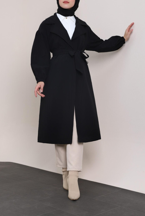 arm Elastic Arched Lined Trench coat -Black