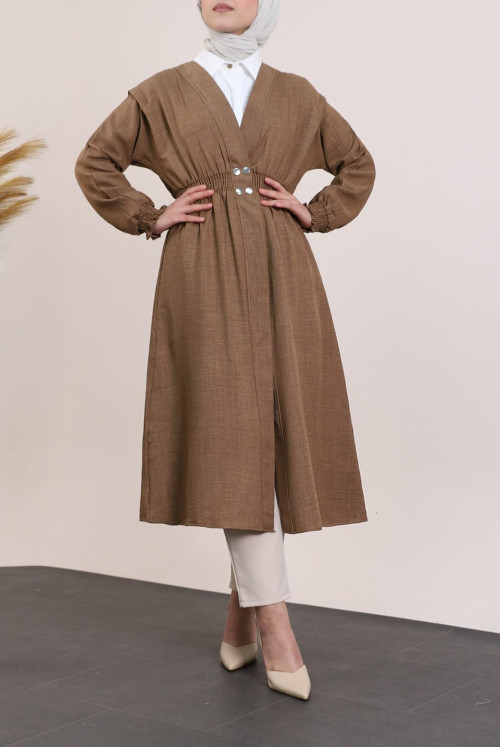 arm and waisted Elastic Snap Linen Women-Jackets -Light Brown
