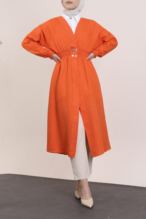 arm and waisted Elastic Snap Linen Women-Jackets -Orange