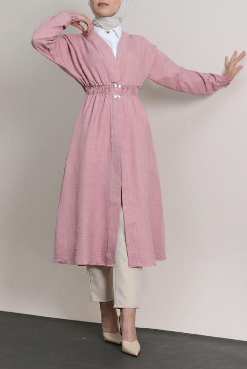 arm and waisted Elastic Snap Linen Women-Jackets -Light Pink