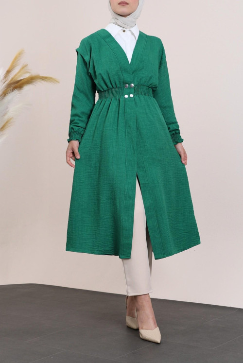 arm and waisted Elastic Snap Linen Women-Jackets -Green