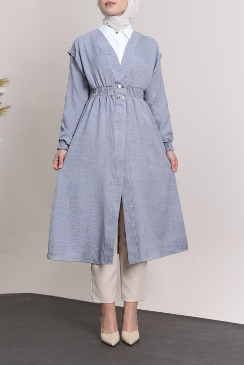 arm and waisted Elastic Snap Linen Women-Jackets -Grey