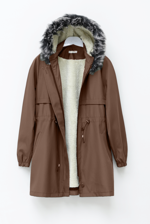 Furry Çıkma Hooded Laced Bondit Coat -Taba