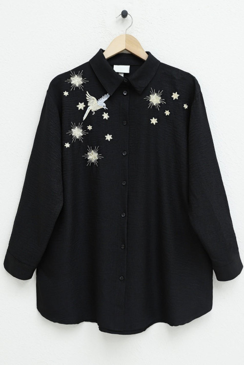 Kuş and Star Motifli Shirt -Black