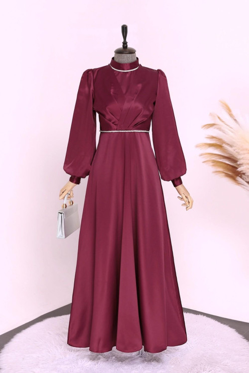 Its Double Kat waisted and Yakası Stone Detailed Satin Evening Dress -Claret Red