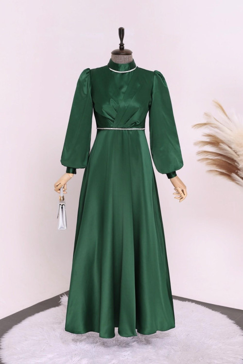 Its Double Kat waisted and Yakası Stone Detailed Satin Evening Dress -Emerald