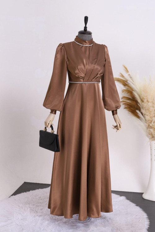 Its Double Kat waisted and Yakası Stone Detailed Satin Evening Dress -Brown