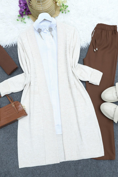 Its Ponpon Detailed Pockets Long Knitwear Cardigan -Stone