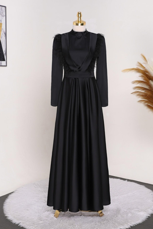 Its Hair Detailed Satin Evening Dress -Black