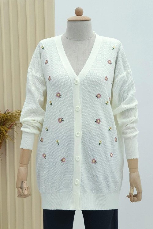 Daisy Embroidered Button Cardigan  -Cream