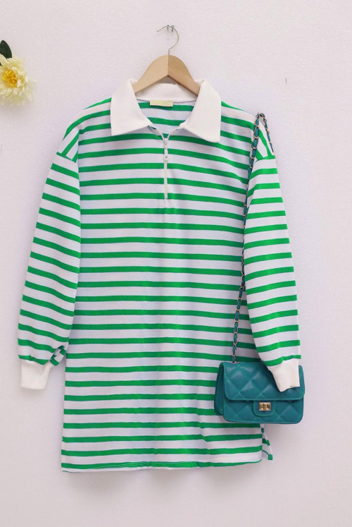 Polo Collar Half Zipped Striped Sweat -Green