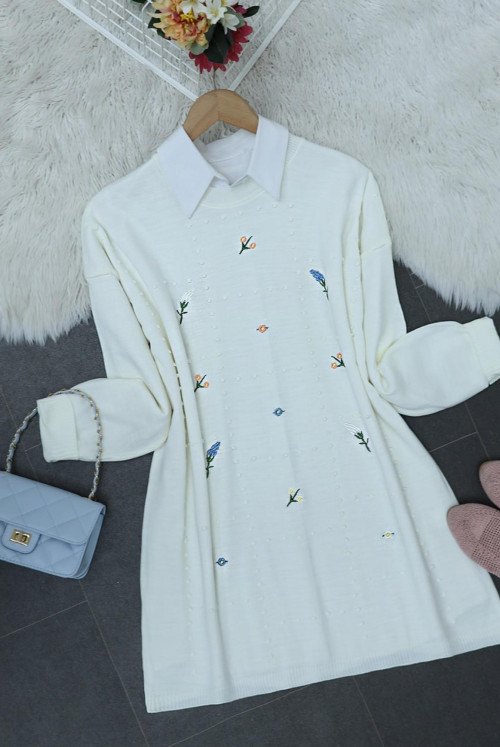 Ponpon Patterned Embroidered Knitwear Tunics -Ekru