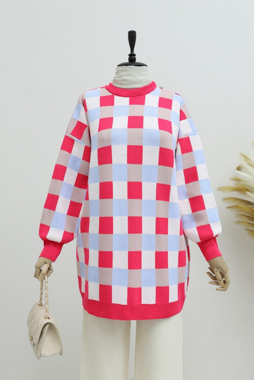 Colored Kareli Balloon Arm Bicycle Collar Knitwear Tunics  -Hot pink