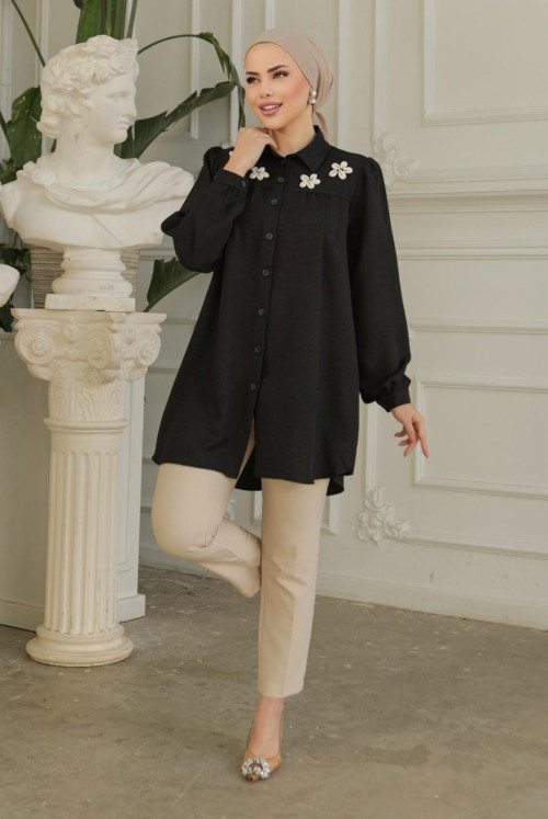 Robadan Shirred Ozel Aplikeli Linen Tunics -Black