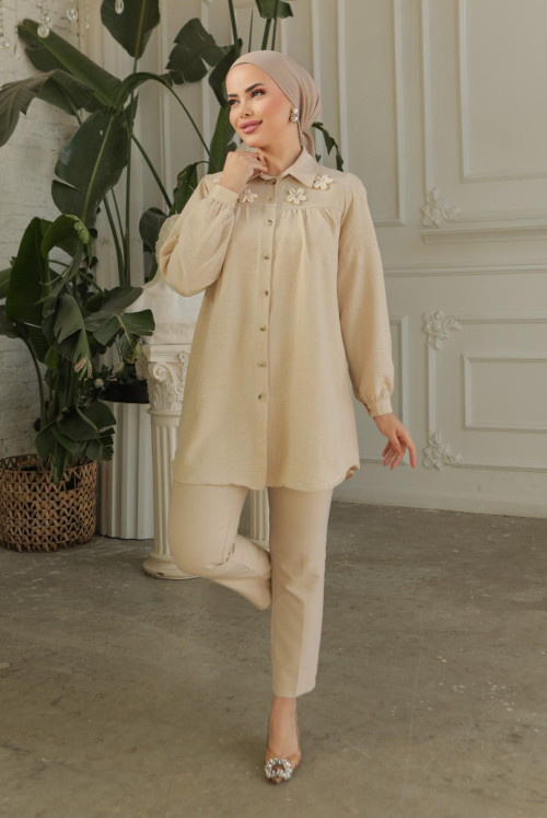 Robadan Shirred Ozel Aplikeli Linen Tunics -Ekru