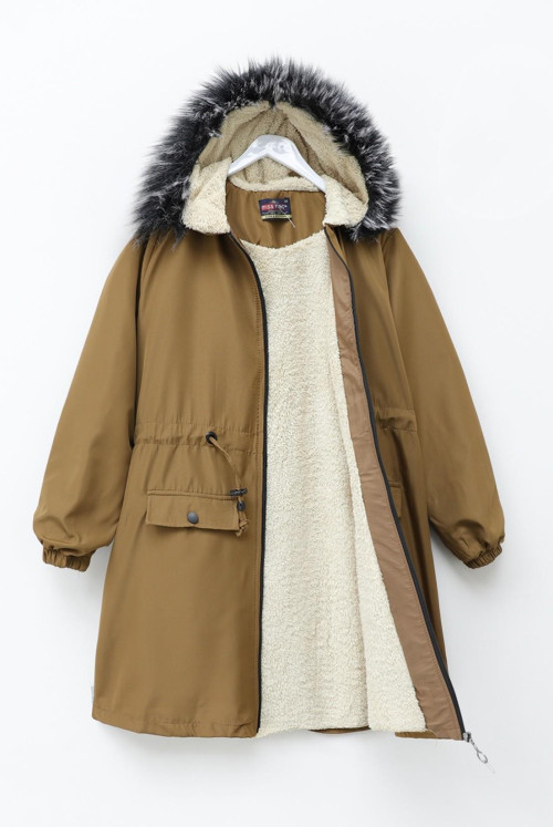 Constant Hooded Inside Furry Bondit Coat -Taba