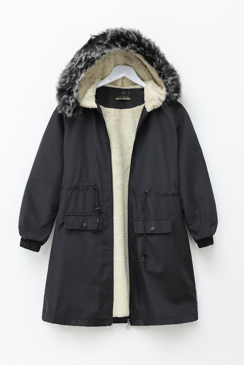 Constant Hooded Inside Furry Bondit Coat -Black