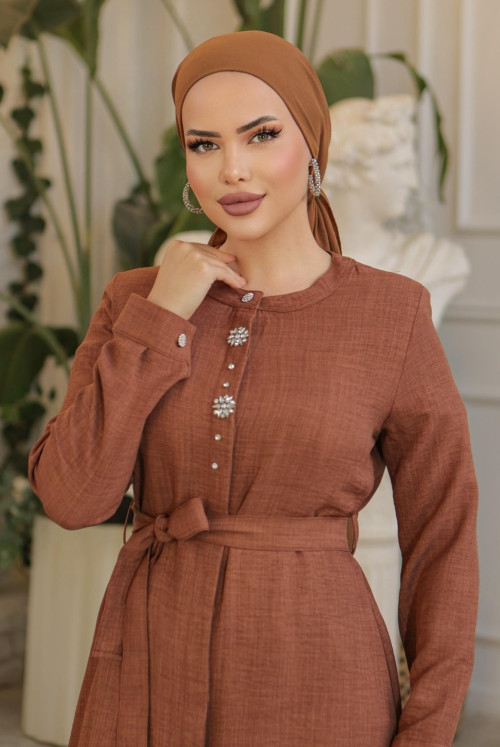 Stone Inlaid from end Button Belted Linen Long Tunics -K. Brown