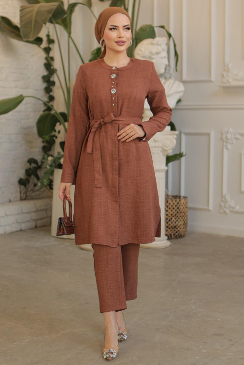 Stone Inlaid from end Button Belted Linen Long Tunics -K. Brown