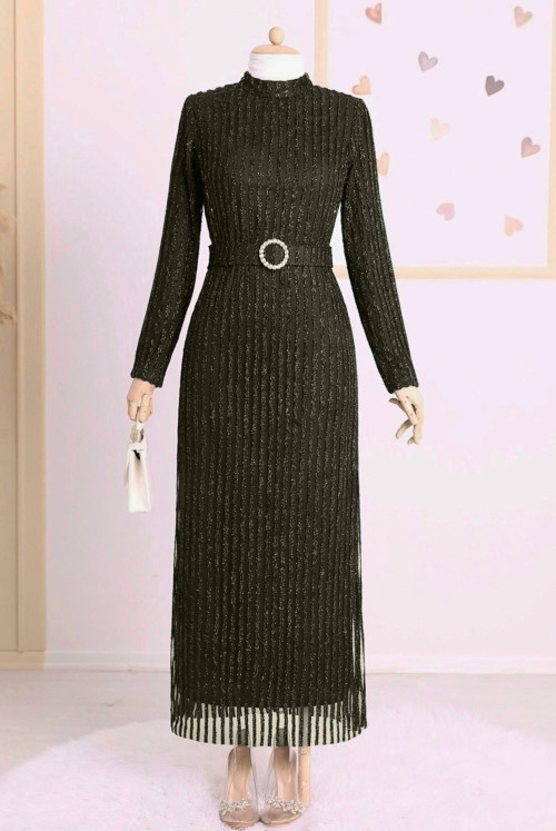 stony Arched Sim Striped Tüllü Plus Size Dress  -Khaki