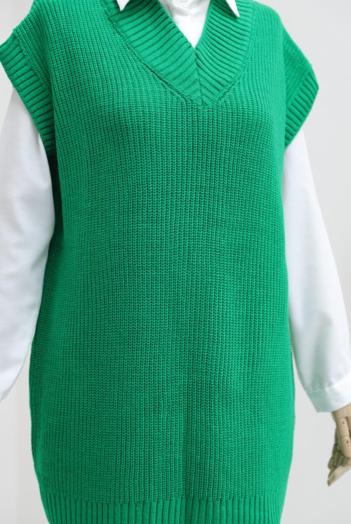 V Collar Knitting Desen Süveter -Green