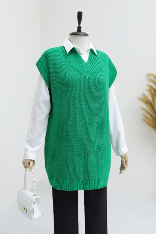 V Collar Knitting Desen Süveter -Green