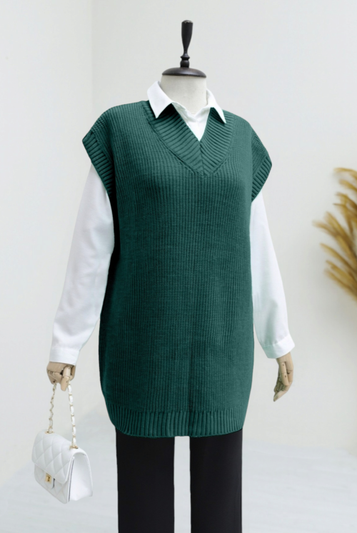 V collar Wide Ribanalı Prinç Knitting Long Süveter -Emerald