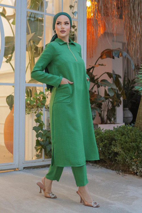 Collar Zipped Torba Pockets Long Linen Tunics  -Green