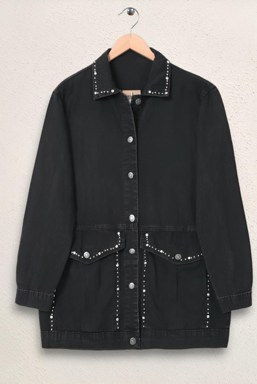 Collar Ve Ceplerinde Stone İşlemel Jeans Jacket -Black
