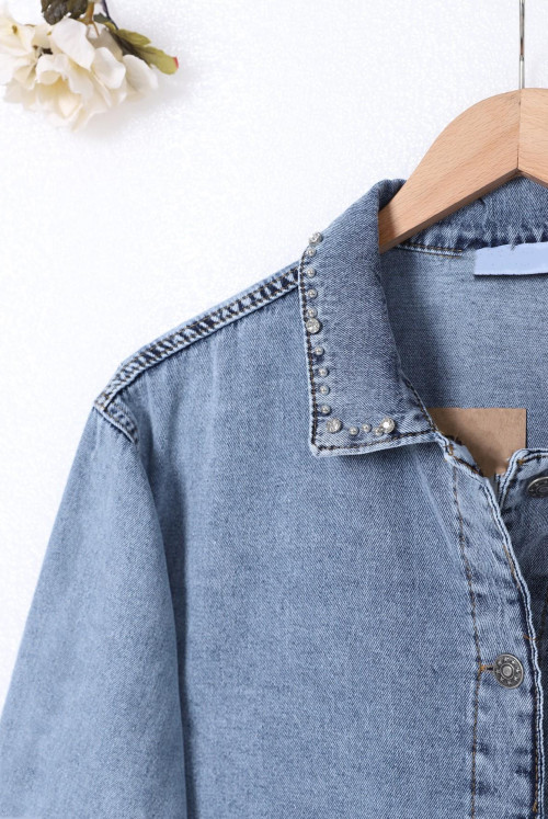 Collar Ve Ceplerinde Stone İşlemel Jeans Jacket -Buz Blue