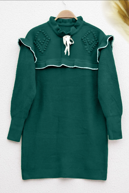 Yakası Laced Its Frilly Knitwear Sweater -Emerald