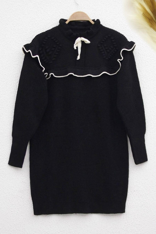 Yakası Laced Its Frilly Knitwear Sweater -Black