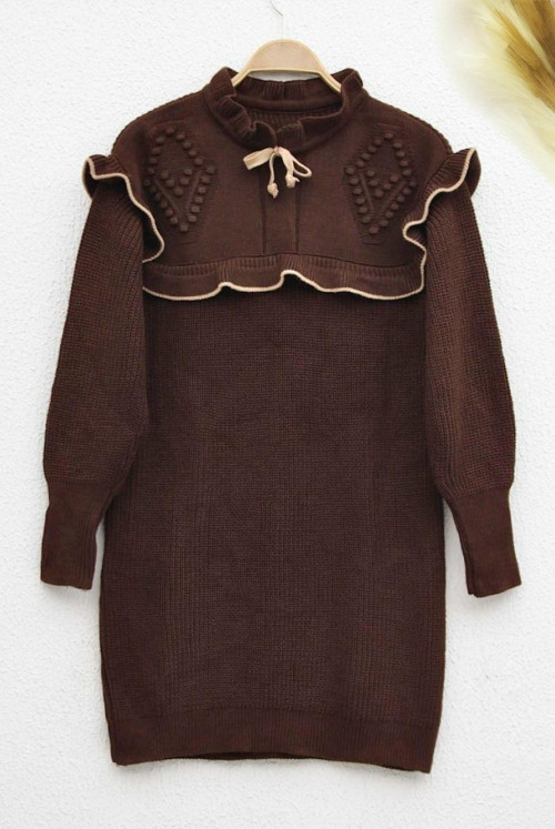 Yakası Laced Its Frilly Knitwear Sweater -Brown